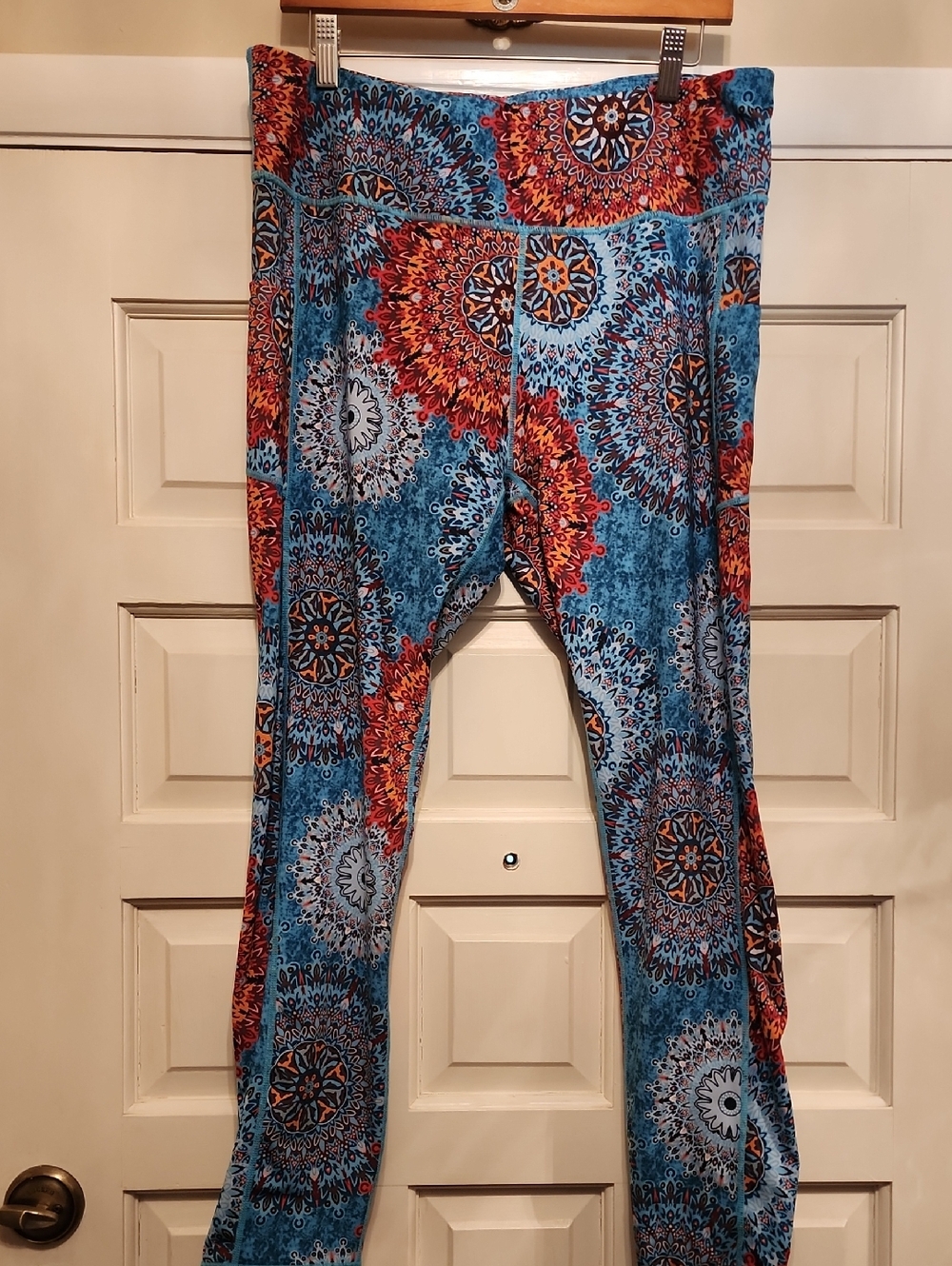 Blue & Orange Mandala Print Leggings Shiny Poly Lycra